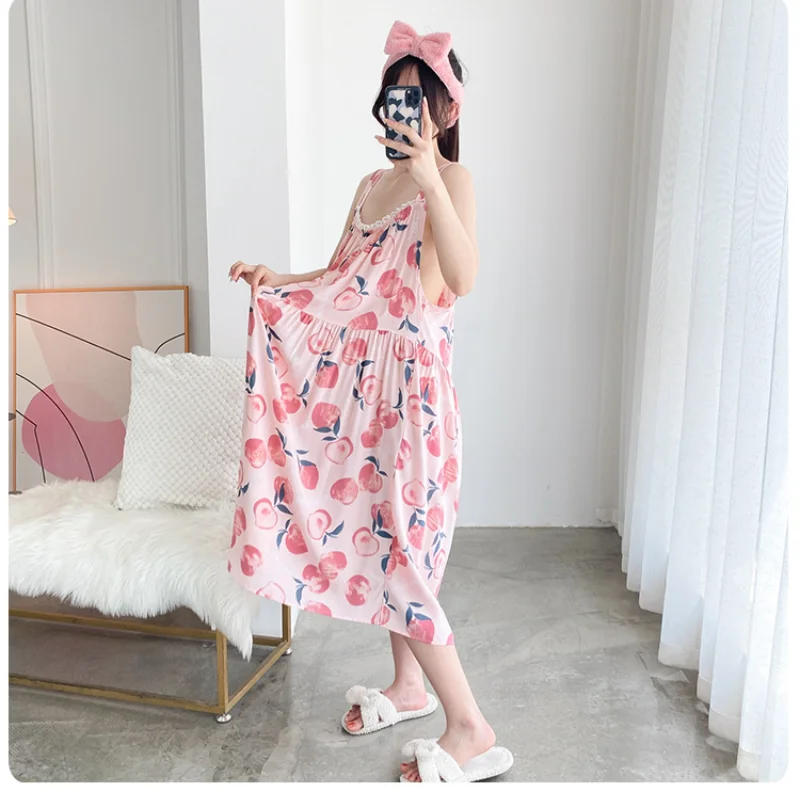 150kg Big Size Loose Nightdress Women's Summer Thin Pajamas Cartoon Suspender Long Dress Plus Size Home Dress Pregnant Sleepwear