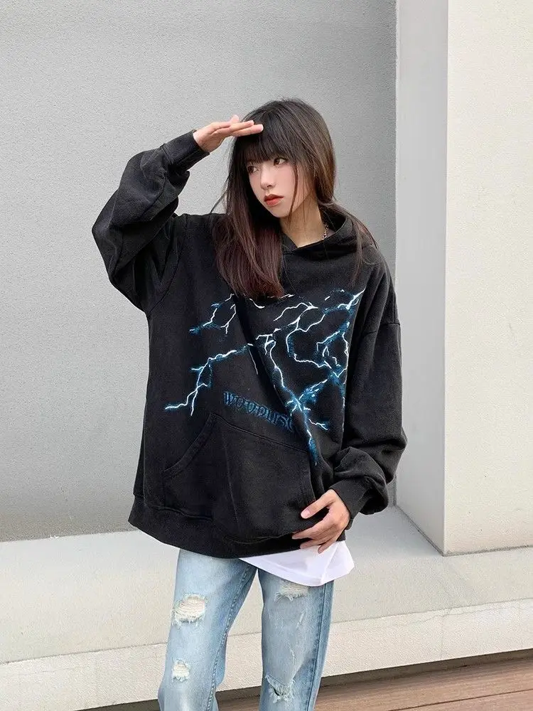 Retro Lightning Printed Hooded Sweatshirt for Men and Women Autumn and Winter Fashion Trend Casual Comfy Couple Top Streetwear