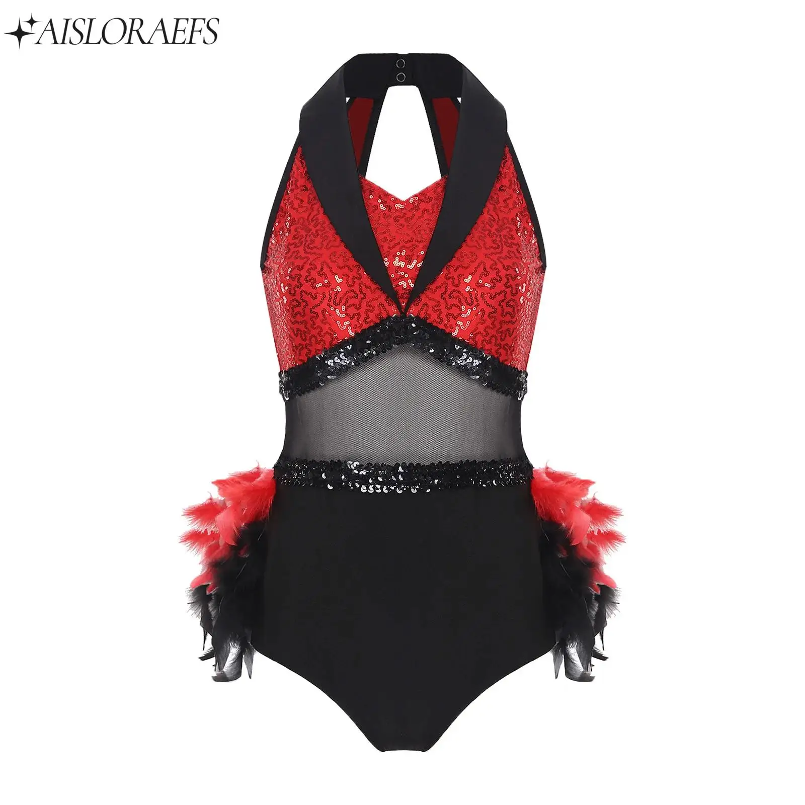 

Womens Sequin Latin Dance Leotard Sleeveless Feathed Bodysuit Jumpsuit for Skating Gymnastics Rumba Cha-cha Dance Performance