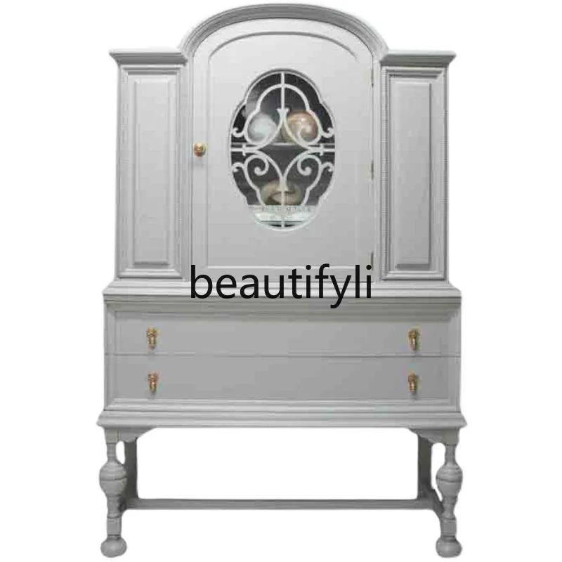 

French side cabinet light luxury retro solid wood wine cabinet integrated wall storage high cabinet