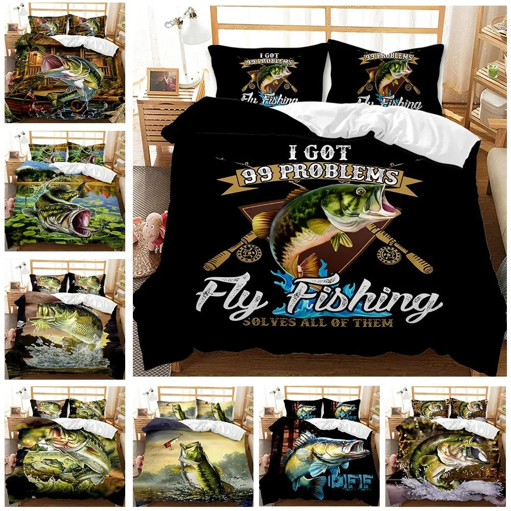 Big Pike Fishing Duvet Cover Set Hunting Bedding Fly Fishing Comforter Cover Queen King Full Polyester Quilt Cover Teens Adults