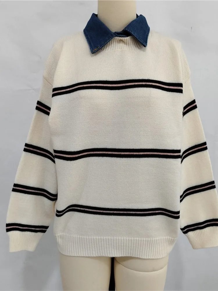 Осенне-зимний вязаный свитер с лацканами, женский контрастный цвет, универсальный полосатый повседневный свободный пуловер с длинными рукавами