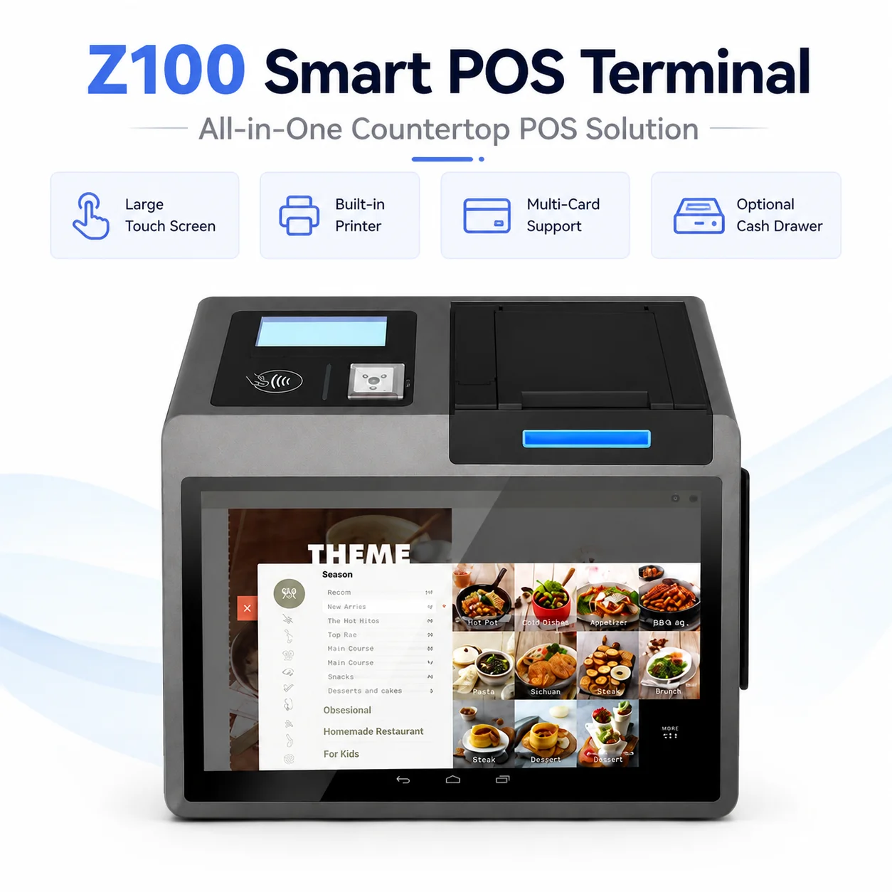 Z100 Smart POS Terminal Large Touch Screen Built-in Thermal Receipt Printer NFC IC Card Reader RJ12 Cash Drawer Support