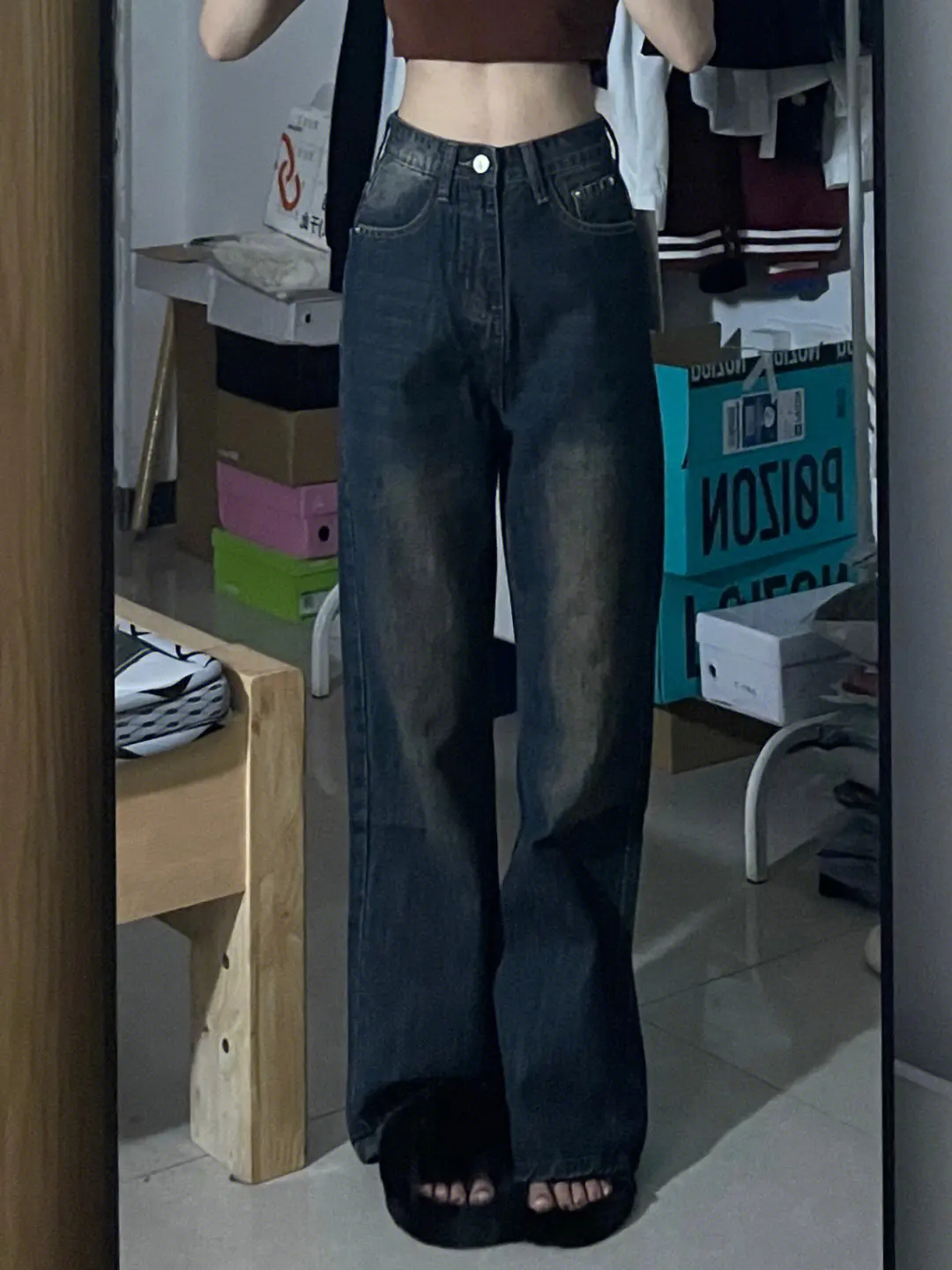 Autumn Women'S Clothing Wide Jeans Woman Stacked Ruffle Pleated Draped Split Slit Asymmetric Detail Side Female Denim Fashion