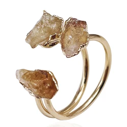 Three Stones Irregular Citrine Open Ring for Women Girls Gold-color Boho Rough Yellow Crystal Finger Jewelry Resizable