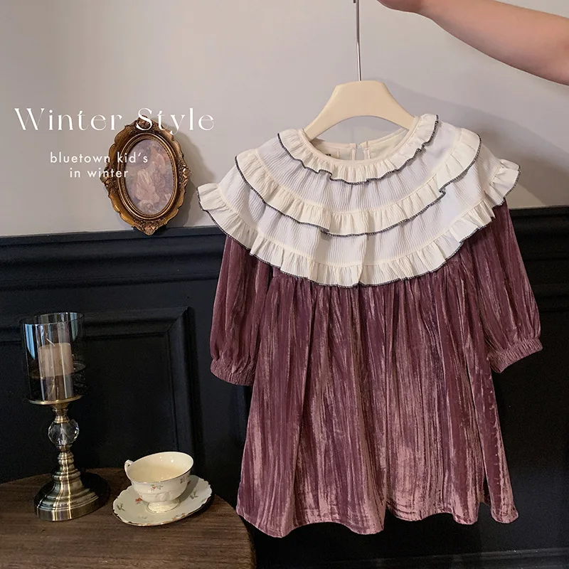 

2025Girls' New Autumn and Winter Korean Style Velvet French Vintage Fleece-Lined Lace Long-Sleeved Princess Dress