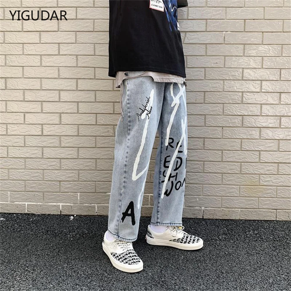 

Men's Letter Printed Denim Pants Autumn Winter Fashion Straight Casual Jeans Japan Style Streetwear Hip Hop Mopping Trousers