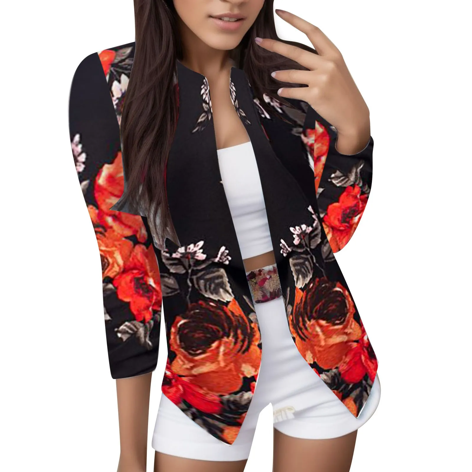 Women Blazers  Women Floral Jackets Spring Summer Long Sleeve Zipper Print Jacket Casual Pocket Slim Female Fashion Outwears