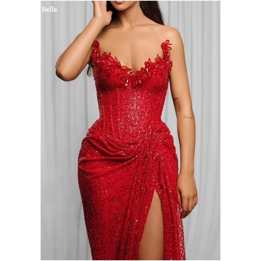 

Bella Индивидуальные красные блестящие блестки с боковым разрезом, вечерние платья без бретелек с открытой спиной, платье для выпускного вечера длиной до пола, 2025 г.