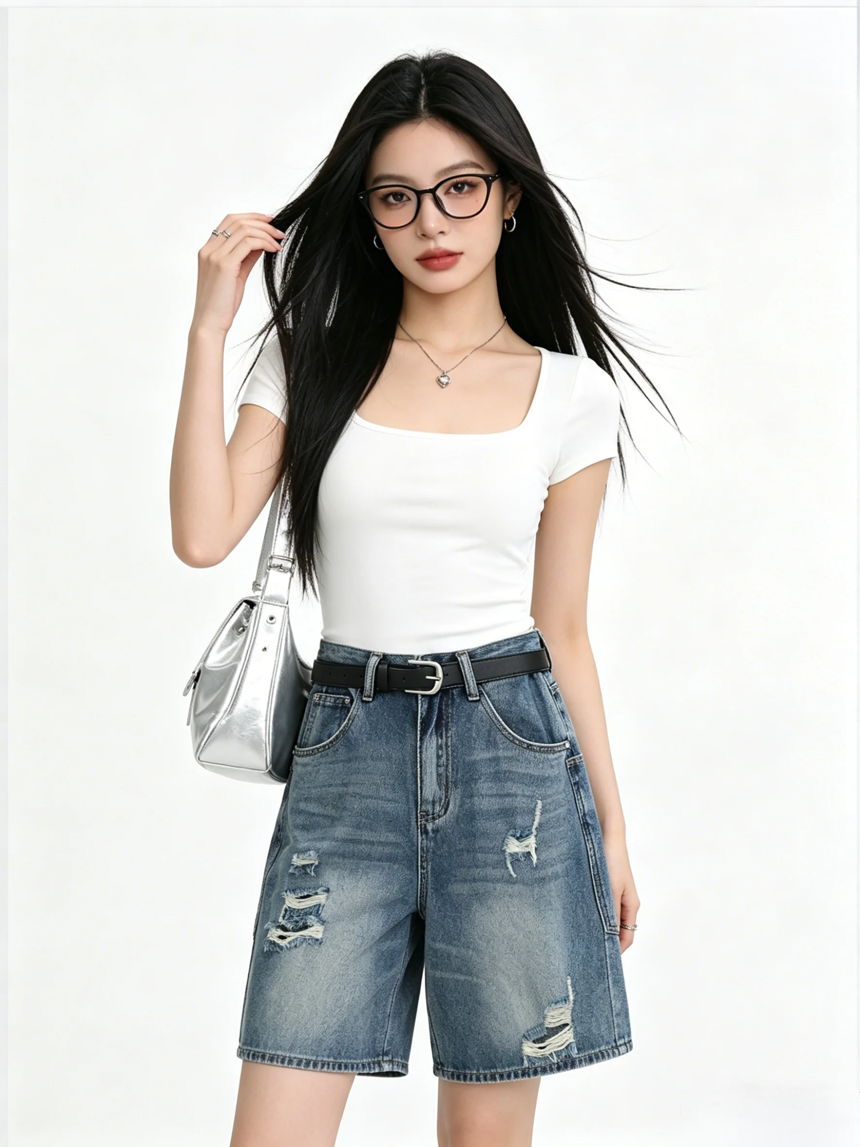 

High Waist Wide Leg Jeans Women's Loose Fit Belted Five Pocket Ripped Denim Pants Korean Style Summer New Arrival