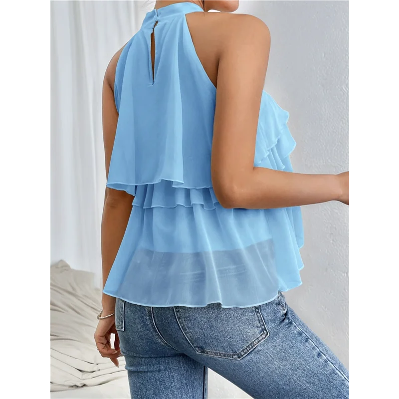 

【SEE】Women's Layered Ruffle Hem Sleeveless Halter Chiffon Blouse Flowy Tank Tops