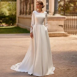 A-Line Satin Muslim Wedding Dresses Exquisite Lace Appliques Scoop Long Sleeves Bridal Gowns for Woman Gorgeous Robe De Mariée
