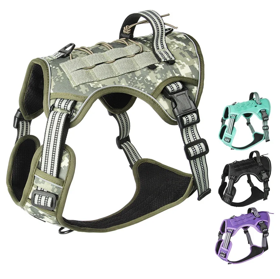 Harnais réfléchissant pour chien, entraînement tactique, anti-traction, gilet pour chien moyen et grand, laisse de sécurité réglable, harnais militaire pour chien de course