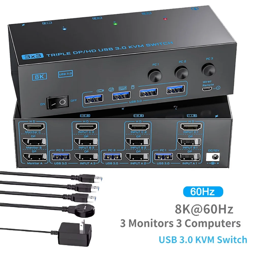 2024 neuer kvm303dh kvm Umschalter 3 in 3 out 8k @ 60hz, 4k @ 144hz Dreifach monitor für PC-Tastatur Maus U-Disk Drucker eu/us/uk