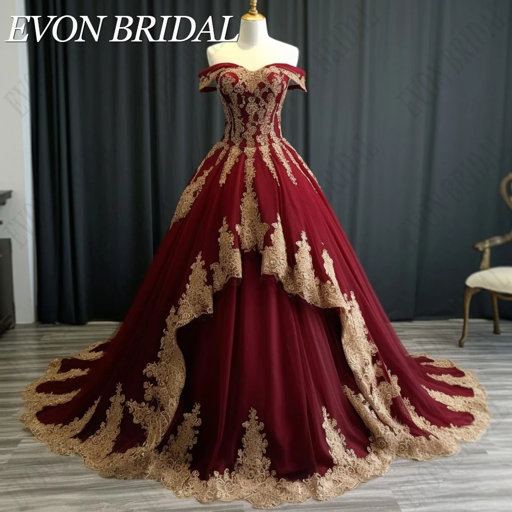 EVON BRIDAL Burgundy Princess Quinceanera Dresses 2024 Gold Appliques Off Shoulder Ball Gowns Sweet 15 Real Pictures 공주드레스