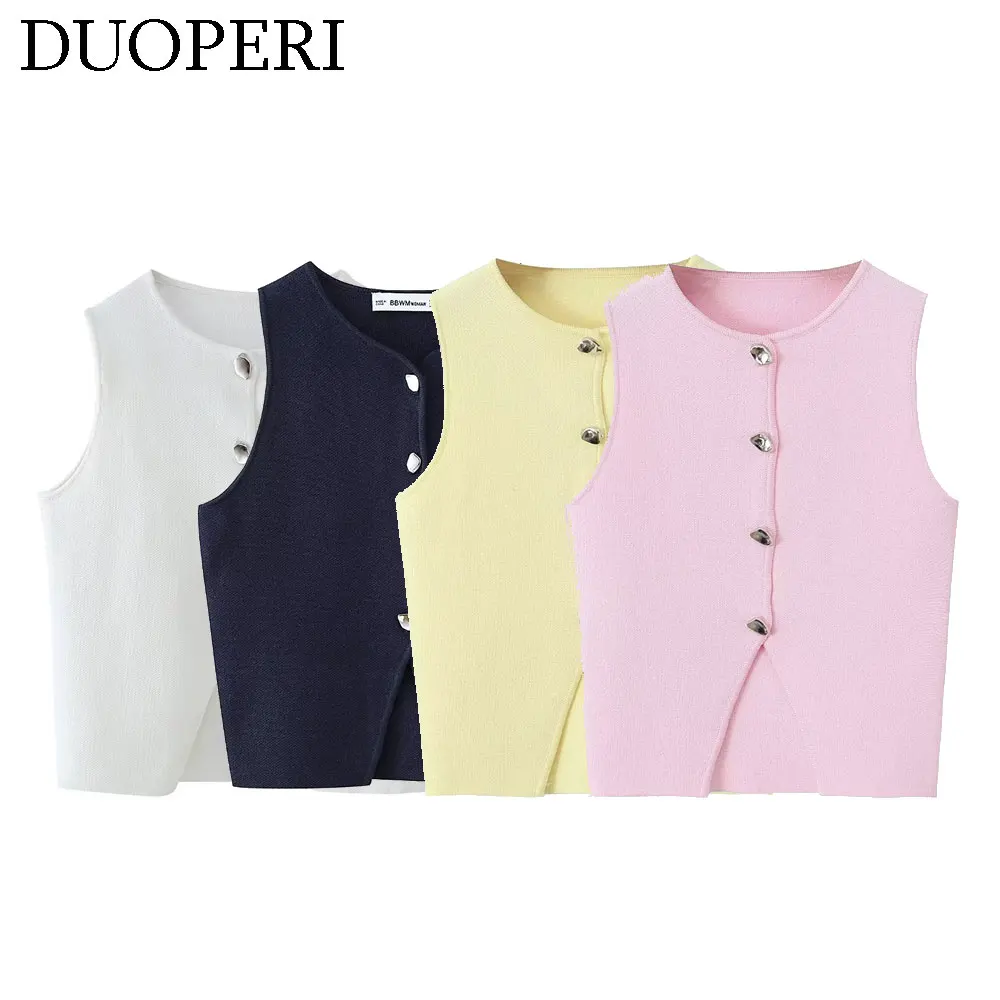 DUOPERI Women Fashion Multicolor Knitted Vest Tops O-Neck Sleeveless Female Chic Lady Casual Sweater Waistcoat