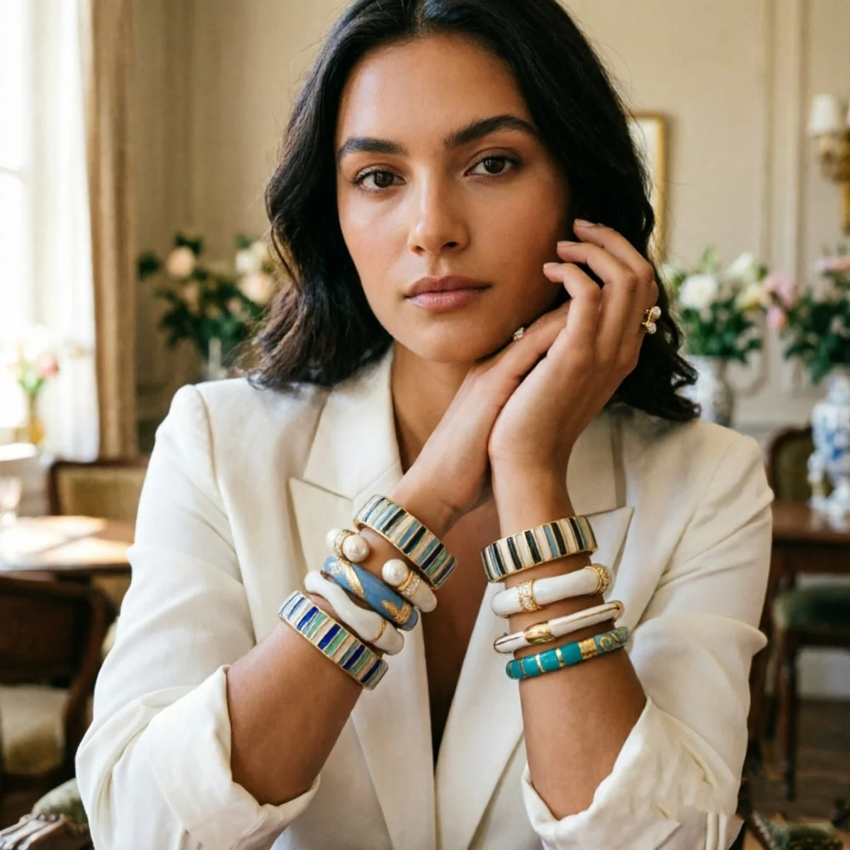 Trendige blau-weiße Emaille-Manschettenarmbänder für Damen und Herren, Vintage, unregelmäßige Streifen, stapelbarer Armreif, Partyschmuck – Detail 21