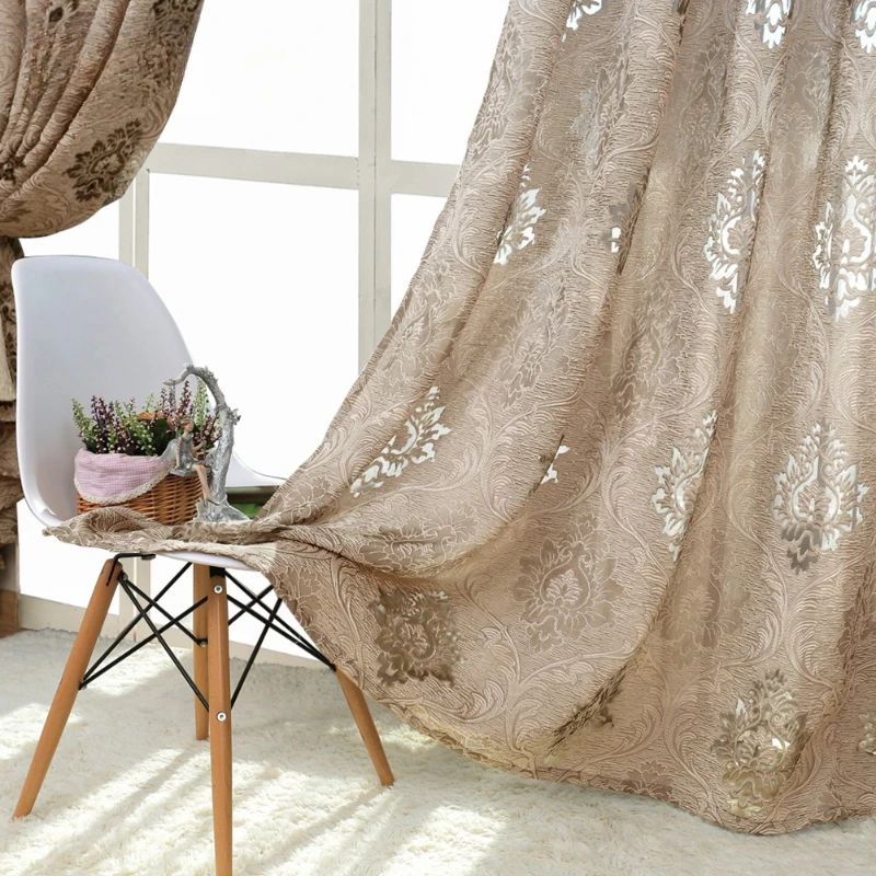 European Luxury Grey Hollow Seersucker Tulle Light Brown Vintage Jacquard Yarn Curtains for Living Dining Room Bedroom Custom