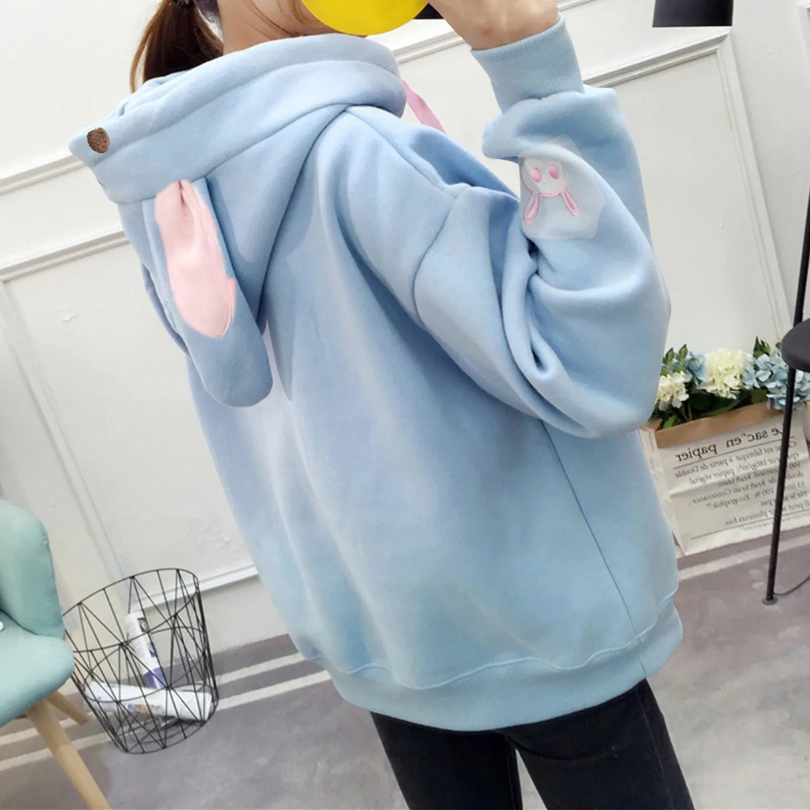 Ladies\' Winter And Winter Hooded Cute Bunny Ear Blouse Round Neck Pullover Home Fashion Casual Kawaii Coat Daily With Pockets