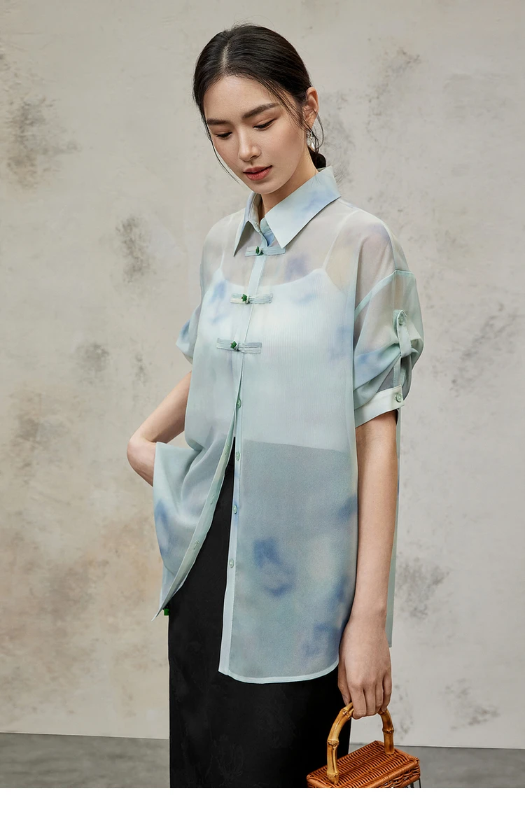 

SENTUBILA Chinese Style Comfort Printed Chiffon Shirt 2024 Summer Polo Collar Casual Loose Button Up Womens Blouse W42C54759