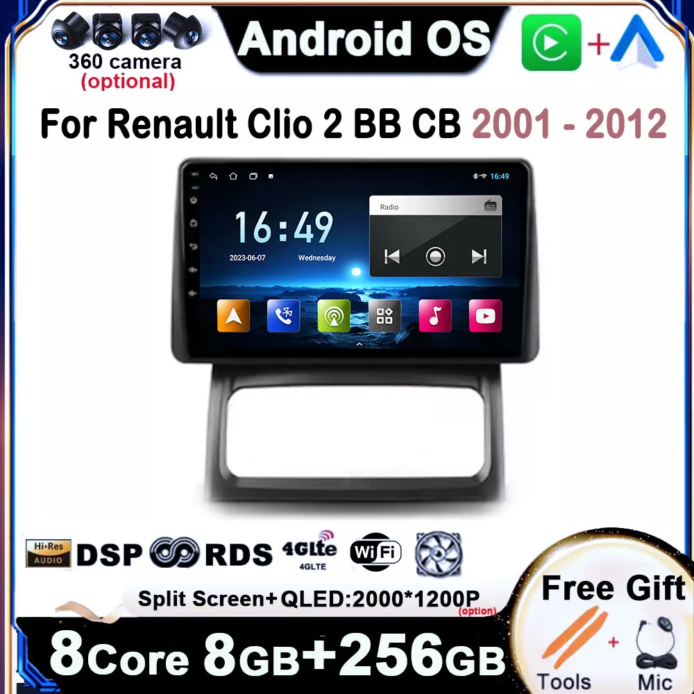 for Renault Clio 2 BB CB 2001 - 2010 2011 2012 Android 14 Car Radio Player GPS Navi QLED Touch Screen 4G DSP BT WIFI Stereo WIFI