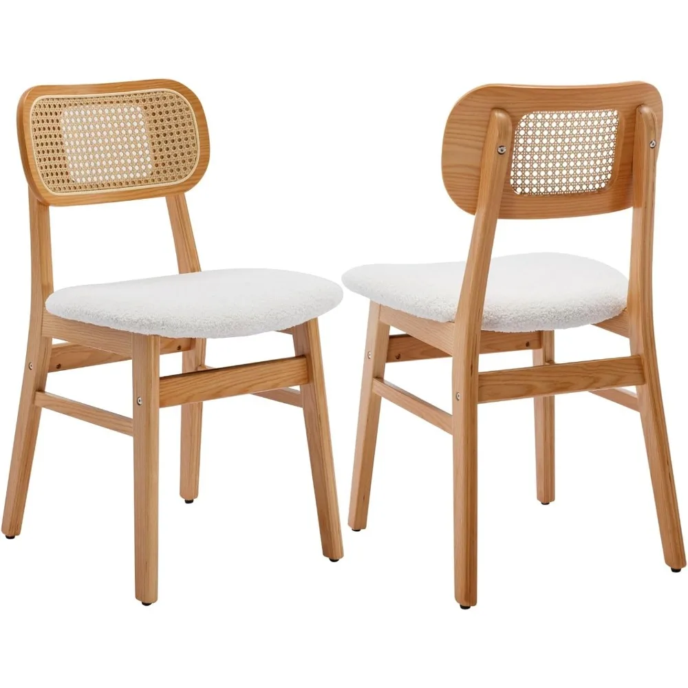 

Rattan Dining Chairs Set of 2 White Lambswool Dining Room Chairs Natural Wooden Kitchen Chairs Farmhouse