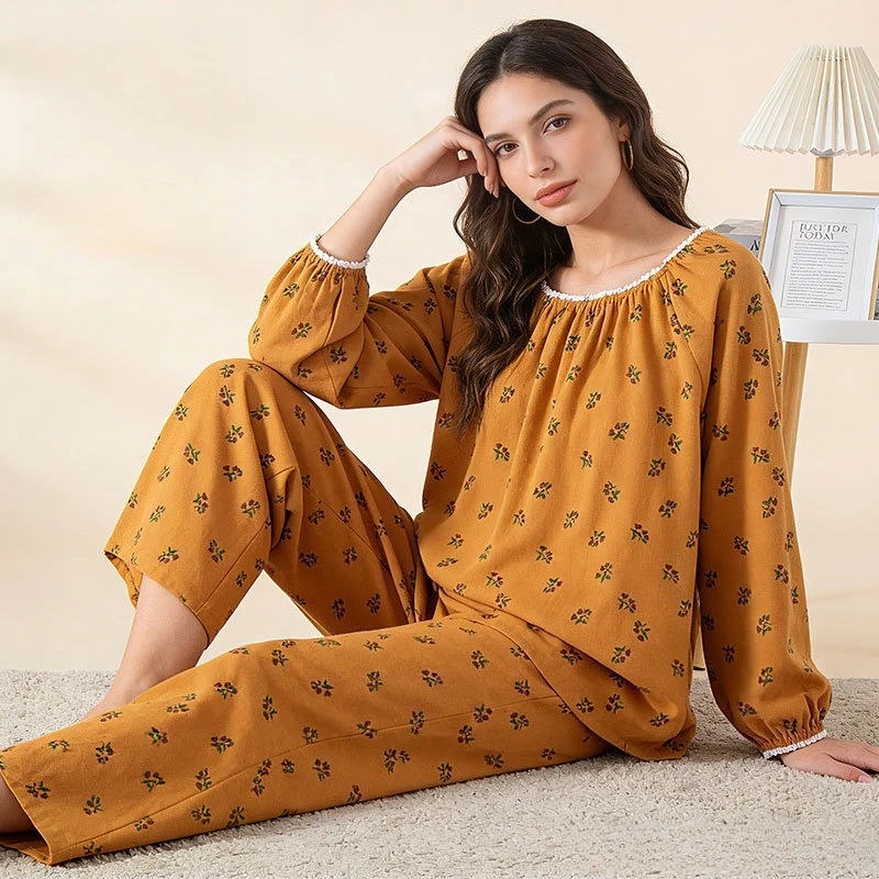 

Суперкомфортный женский домашний комплект из 100% чистого хлопка с цветочным принтом, с рюшами на горловине, рукавами-фонариками, свободного кроя, дышащая домашняя пижама