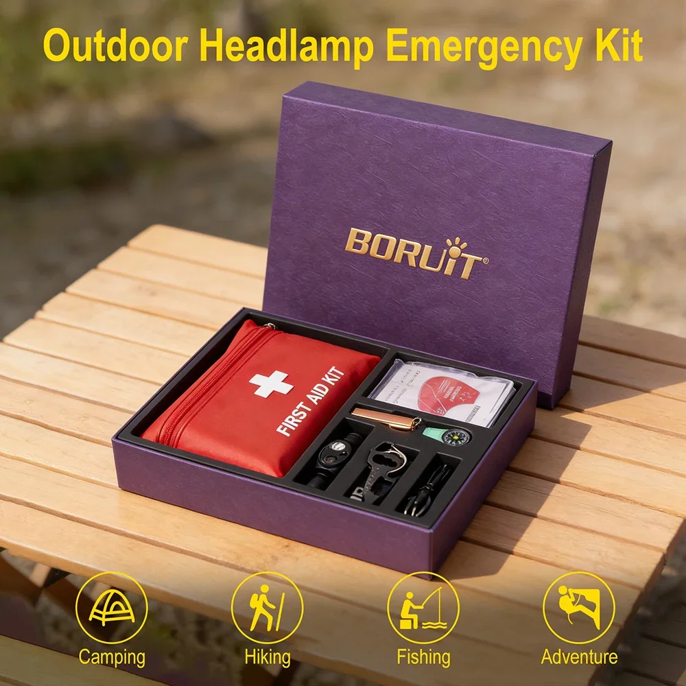 BORUiT HP440 LED Headlamp 8-in-1 Portable First Aid Kit Set With Blanket Whistle Compass Outdoor Emergency Survival Holiday Gift