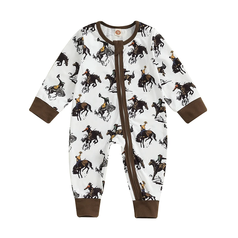 

Baby Girls Boys Western Romper Horse Print Long Sleeve Front Zipper Casual Jumpsuit for Fall