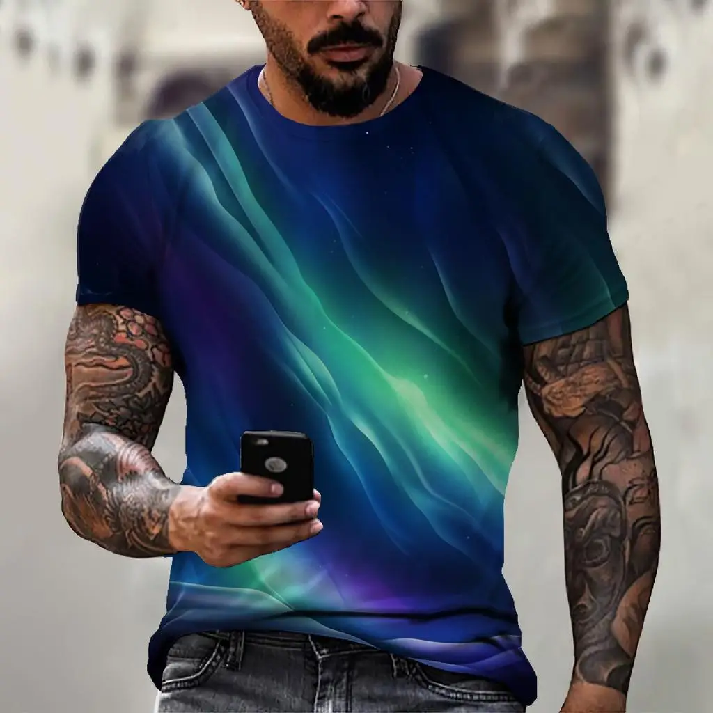 Men's Spring Summer 3D Printed Crew Neck T-Shirt, Dark Blue Aurora Starry Sky Stream Gradient Print Casual Travel Daily Tee