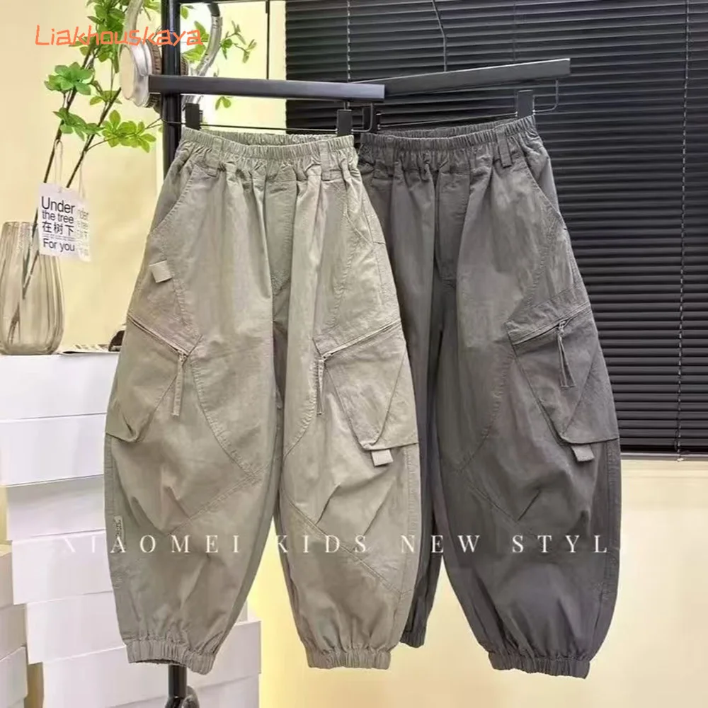 Korean Style 300g Super Soft Twill Cotton Cargo Pants Boys Girls Handsome Casual Long Trousers Multi Pocket Pants For 2-14Y Kids