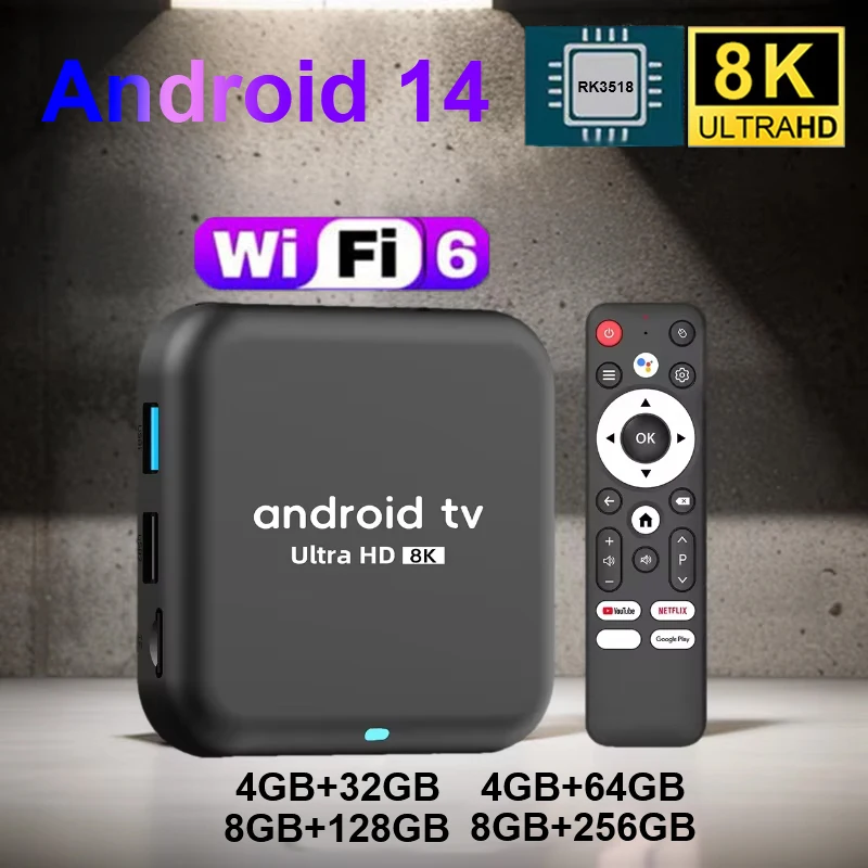 Android 14 TV Box Q18 RK 3518 8K BT5.4 Wi-Fi6 HDR10+ 32G 64G 128G 256G Голосовой удаленный медиаплеер Google Netflix YouTube Dual Wi-Fi