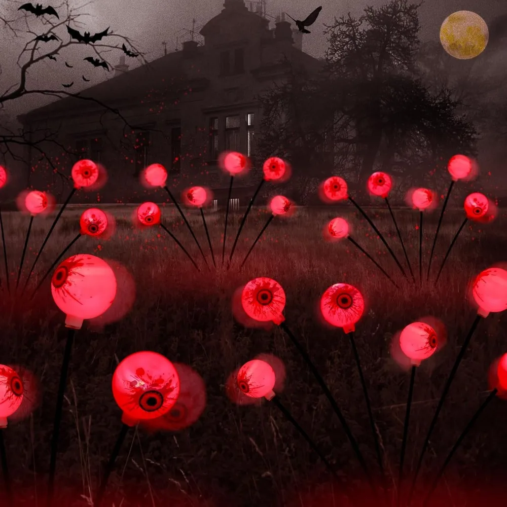 【2 Packs】12LED Scary Bleeding Eyeballs Solar-Lamps Waterproof Swaying Firefly Lights for Halloween Party Decor