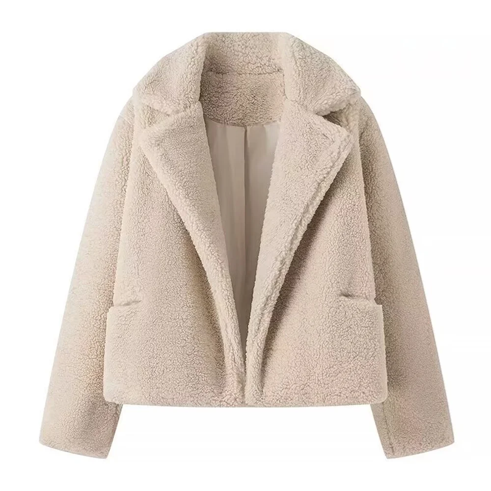 PB&ZA2024 Autumn New Women\'s Fashion Style Versatile Solid Color Collar Long Sleeve Wheat Ear Hair Coat