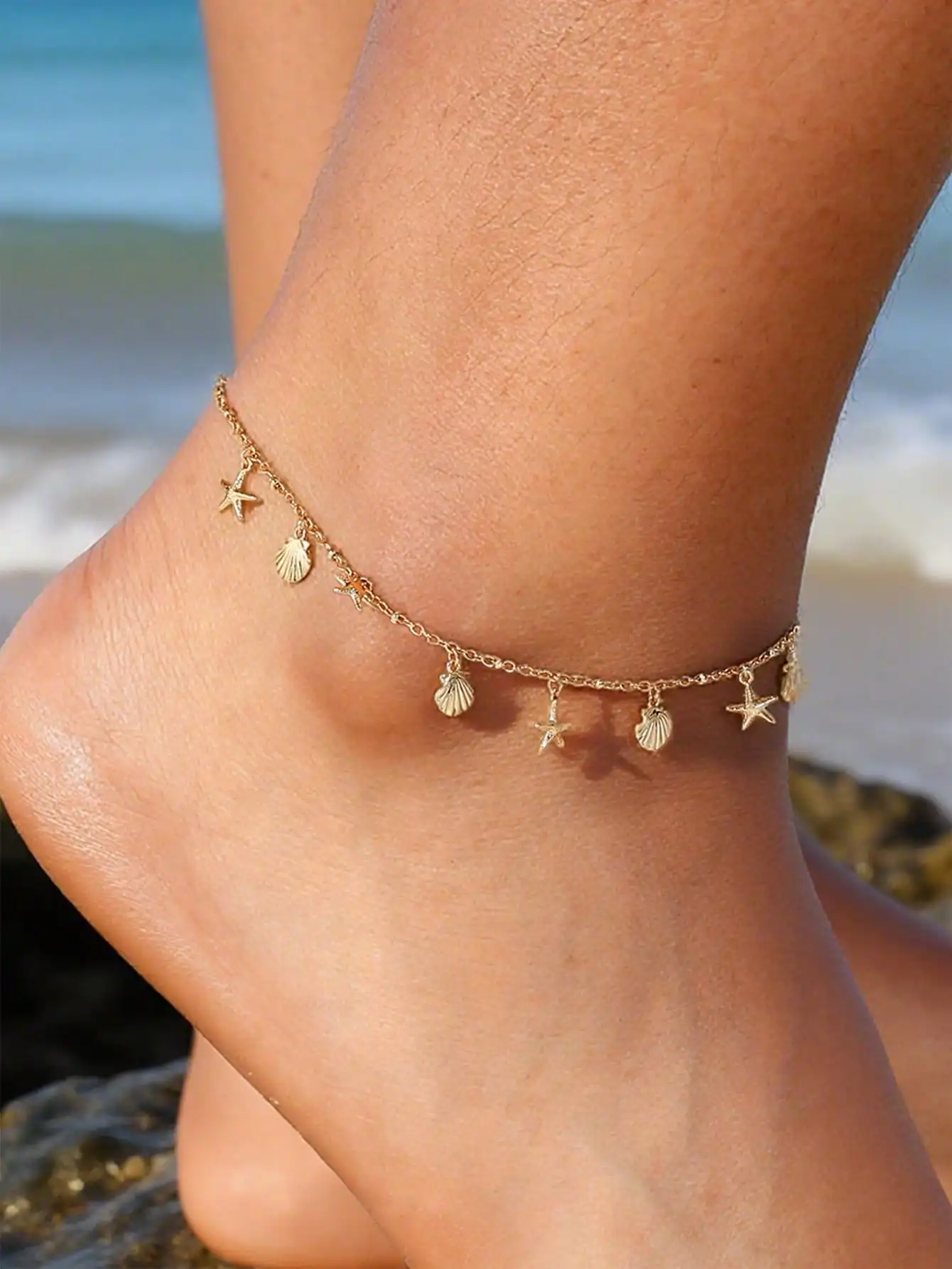 

Charm-In 1pc Elegant Shell & Star Decor Anklet, Copper Gold Plated Ankle Chain, Fashionable Women's Beach Accessory, Ideal Gift For Girlfriend