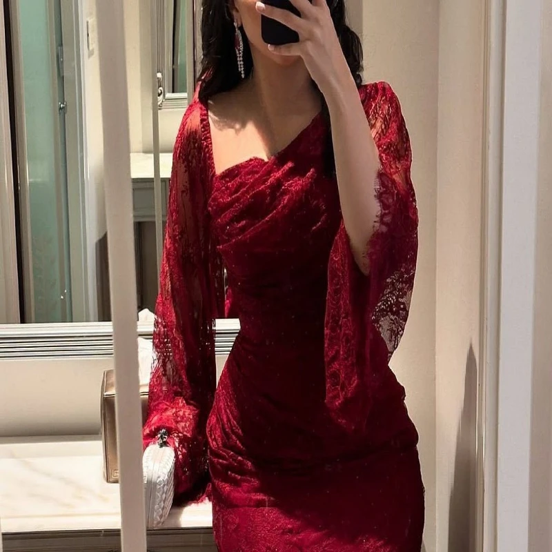 Elegancka sukienka z długim rękawem, koronkowa, dopasowana, damska sukienka na imprezę, jesienna, asymetryczna, z wysokim stanem, drapowana sukienka bankietowa Mujer
