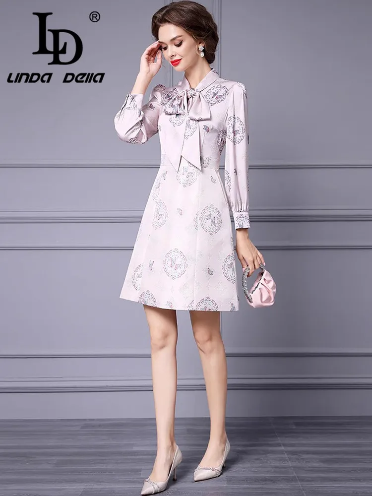 LD LINDA DELLA Autumn Winter Women\'s Dress Scarf Collar Bow Fashion Lantern Sleeved Pretty Slim Elegant Mini Dress