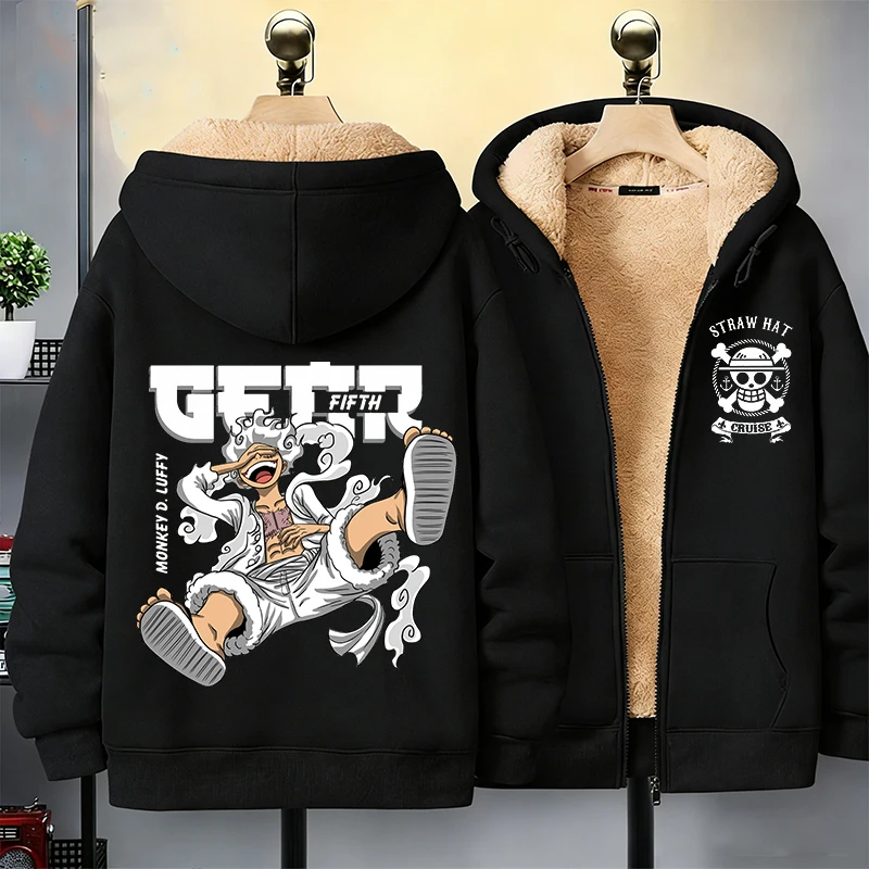 

One Piece Man Thick Hooded Jacket Woman Winter Warm Coat Anime Cartoon Boy Girl Fleece Jacket Thermal Long Sleeve Hooded Clothes