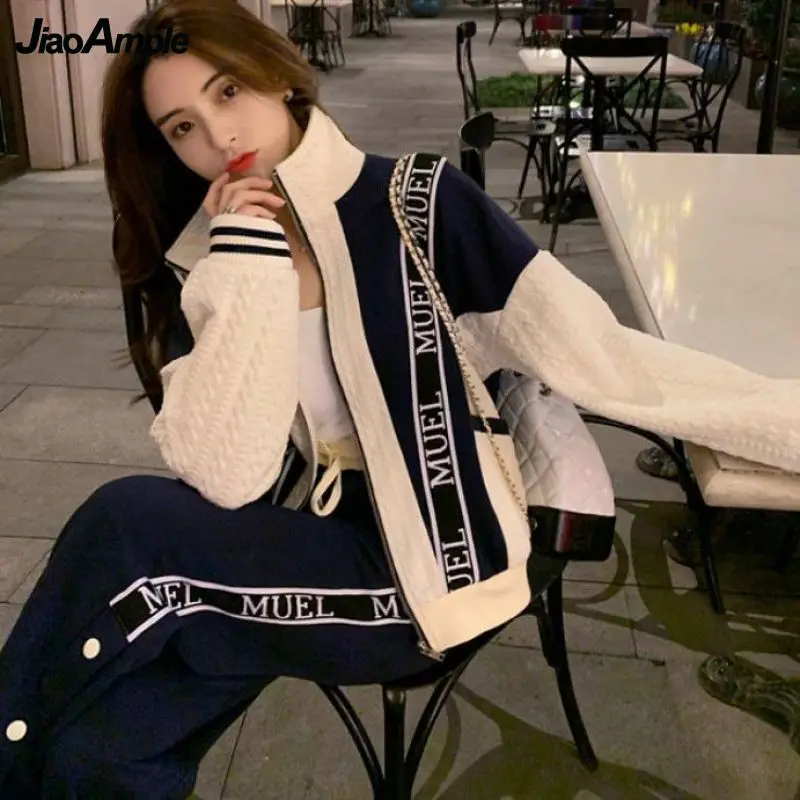 Women\'s Autumn Winter Fashion Sportswear Suit 2024 New Korean Elegant Loose Sweater Coat+Trousers Two-piece Femlae Tracksuit Set