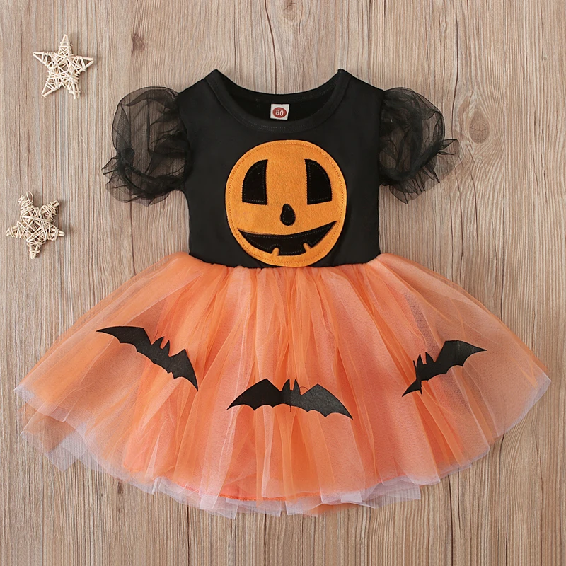 Children\'s European and American summer style girls short-sleeved Halloween pumpkin bat print mesh puffy dress children\'