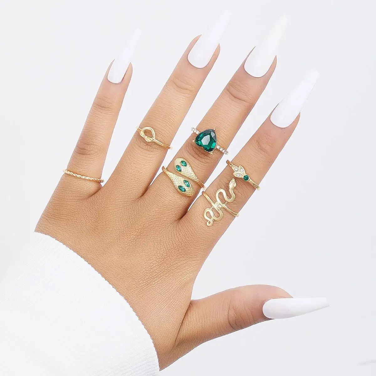 1Set New Fashion Set of Six Pieces Inlaid with Emerald Green Heart Snake Alloy Ring, Niche Design, High-End and Trendy Jewelry