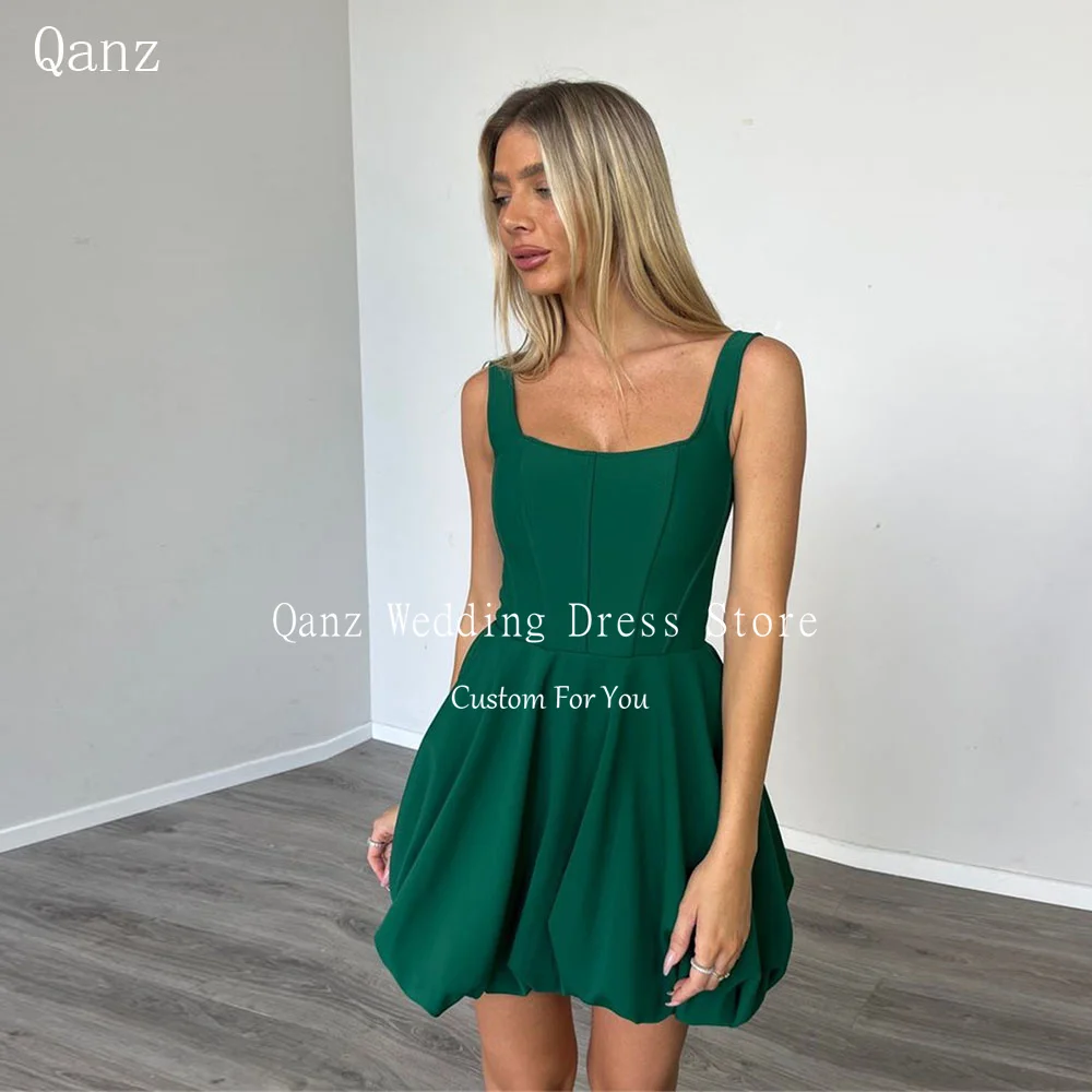 

Qanz Green Satin Short Prom Dresses Spaghetti Straps Lace Up Back Vestidos De Graduación A Line Dress Women Elegant Party 2024