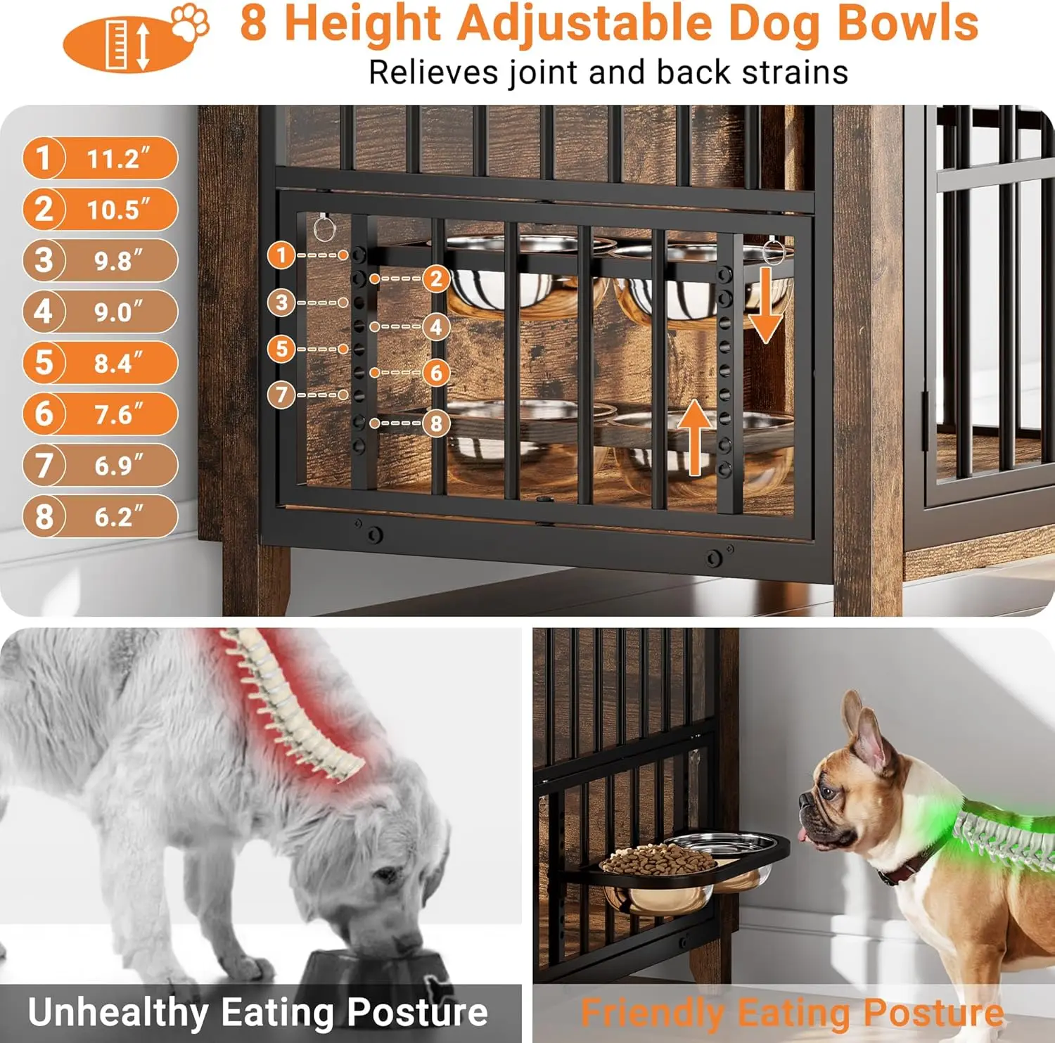 أثاث قفص للكلاب مقاس 31.5 بوصة، بيت كلب خشبي داخلي مع 360 درجة °   وحدة تغذية دوارة ووعاءين قابلين للتعديل، طاولة جانبية مزخرفة