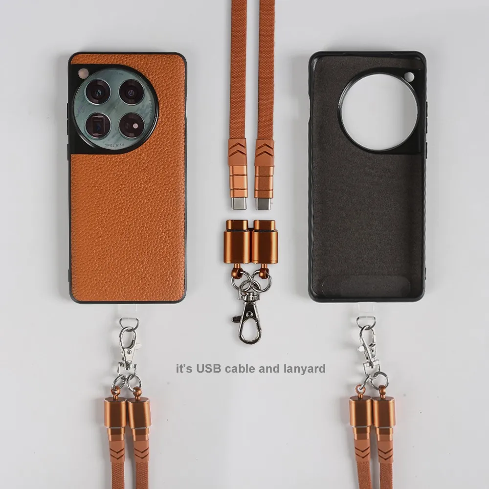 

Versatile Lanyard USB Charging Cable Genuine Leather Case For Oneplus 12 11 11R 10Pro 12 10R 10T Ace Nord N100 Cover Back Shell