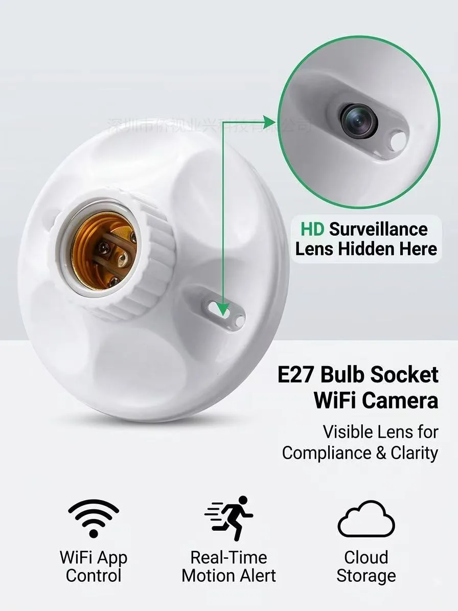 Caméra de surveillance filaire 220V à alimentation directe, prise E27, objectif fixe 90 degrés, vidéo HD, liaison Wi-Fi via application, fonctionnement continu 365 jours