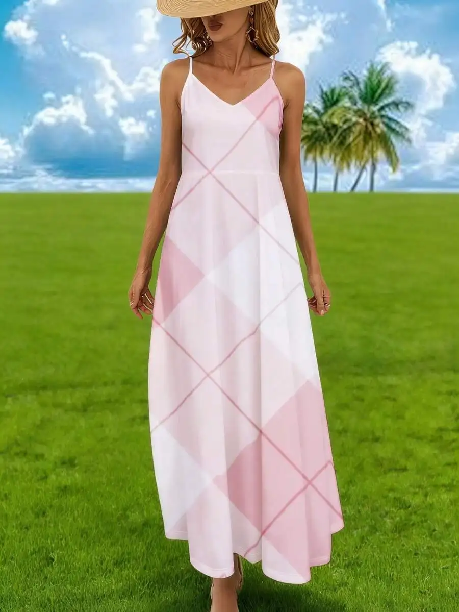 

Pink And White Plaid Maxi Dress With Thin Straps For Beach Summer Vacation