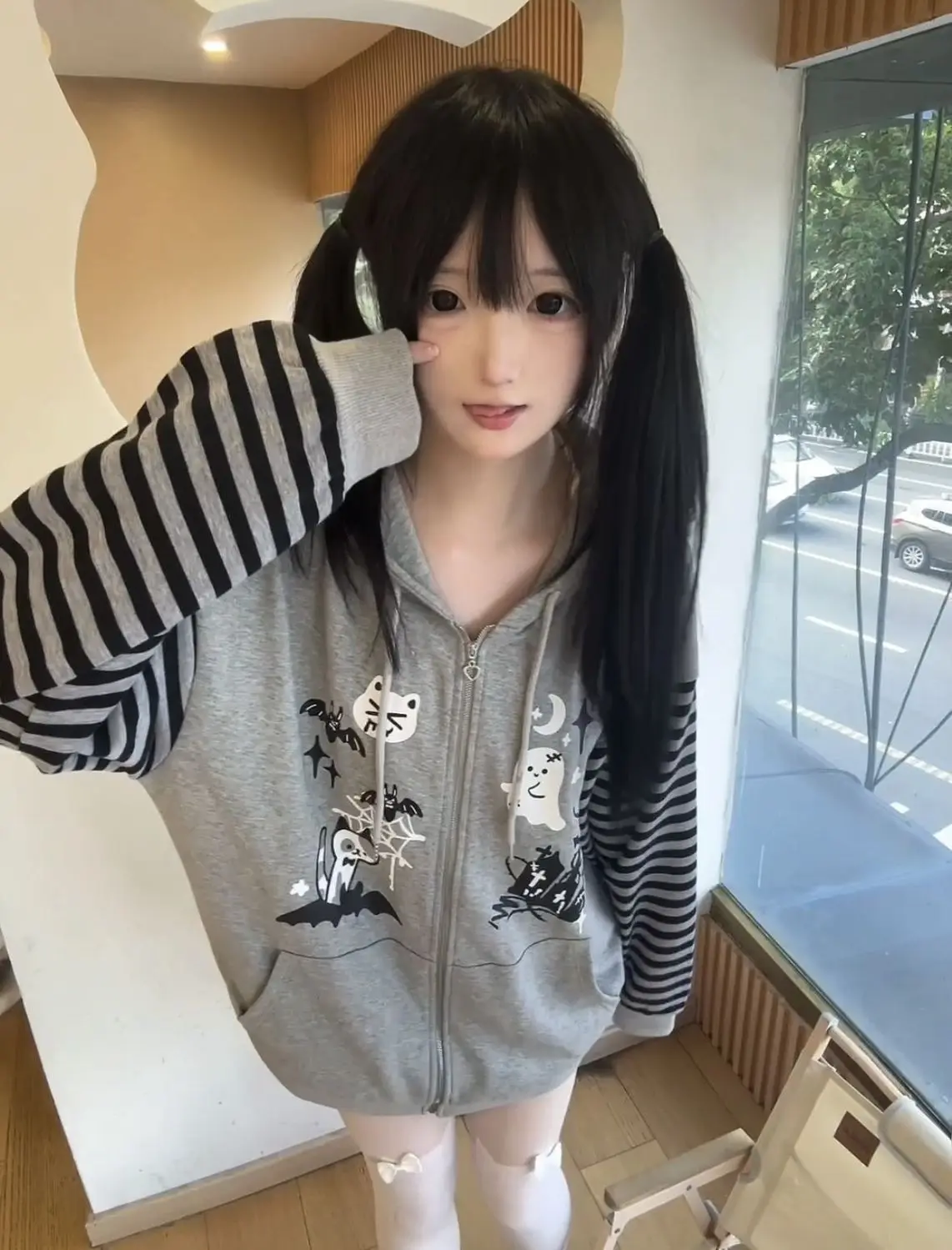 

Kawaii японская куртка с капюшоном с длинным рукавом, милое милое стильное пальто, уличная одежда, однотонная уличная одежда на молнии, осенняя женская одежда