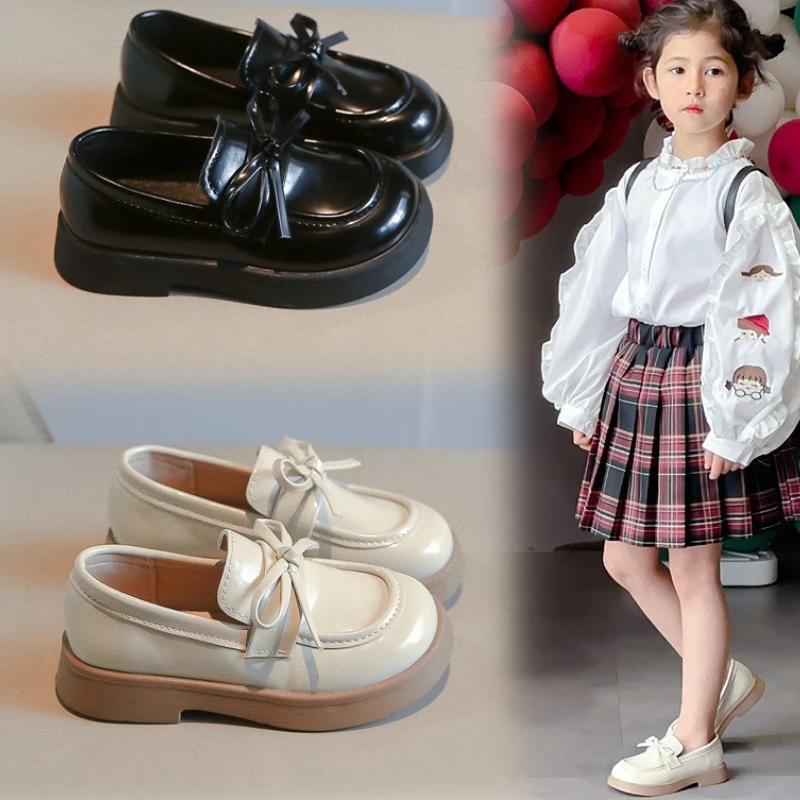 

Girl Bow LeatherShoe Four Seasons New Retro Flat SingleShoes Fashion Child Anti slip Soft BottomCasual Girl Versatile Le Fu Shoe