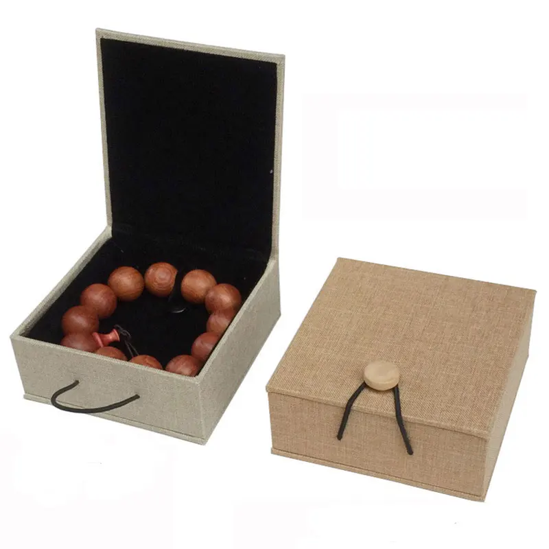 12pcs/Lot Classical Linen Wooden Buckle Jewelry Square Box For Pendant Buddha Bead Bracelet Necklace Gift Packaging Cases