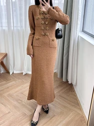 Glitter Dress Women Brown Waffle Knit Dress with Pearl Flower Double Breasted Round Neck Long Skirt, Elegant and Socialite Style